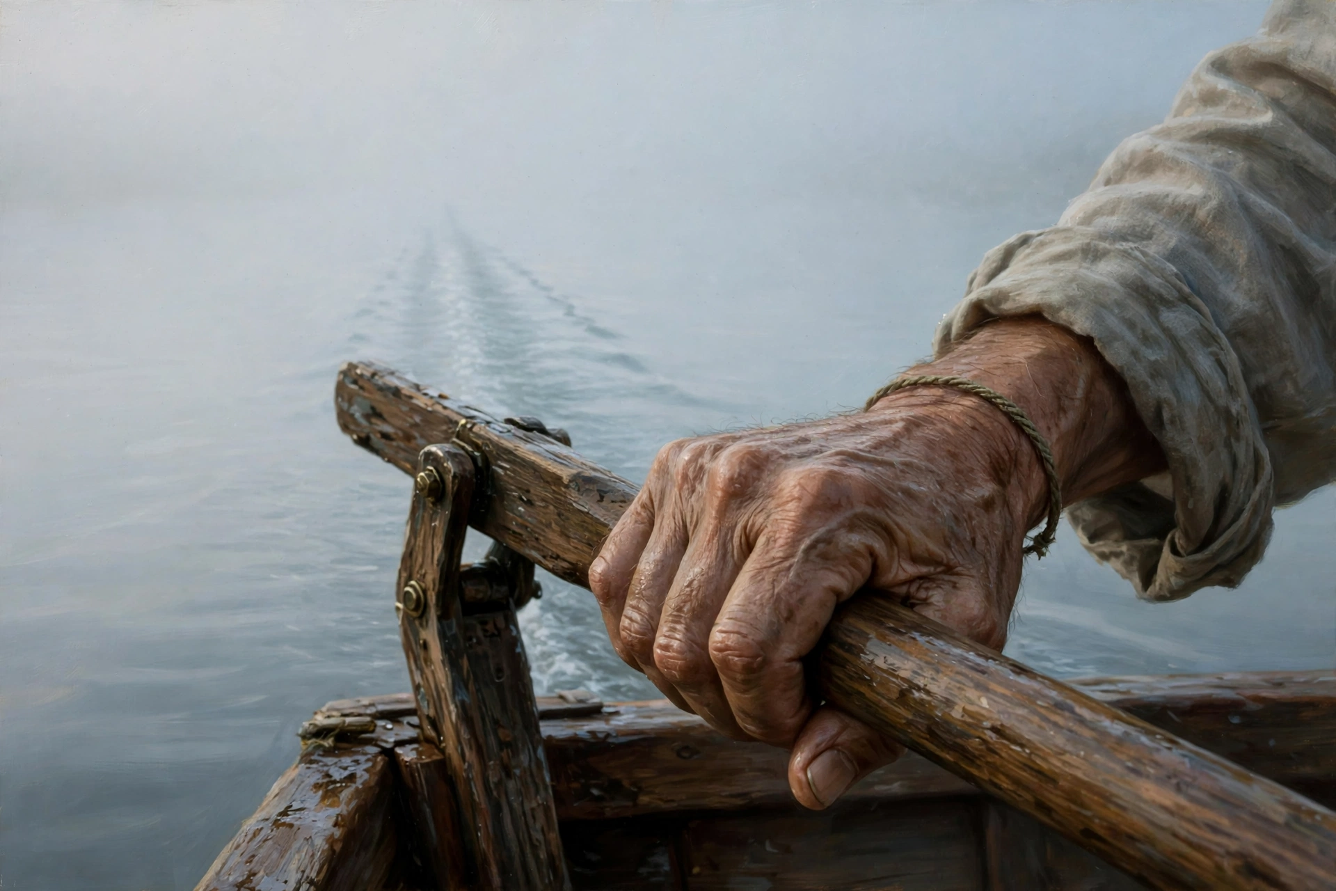 A hand holding a ship's tiller steady in the fog