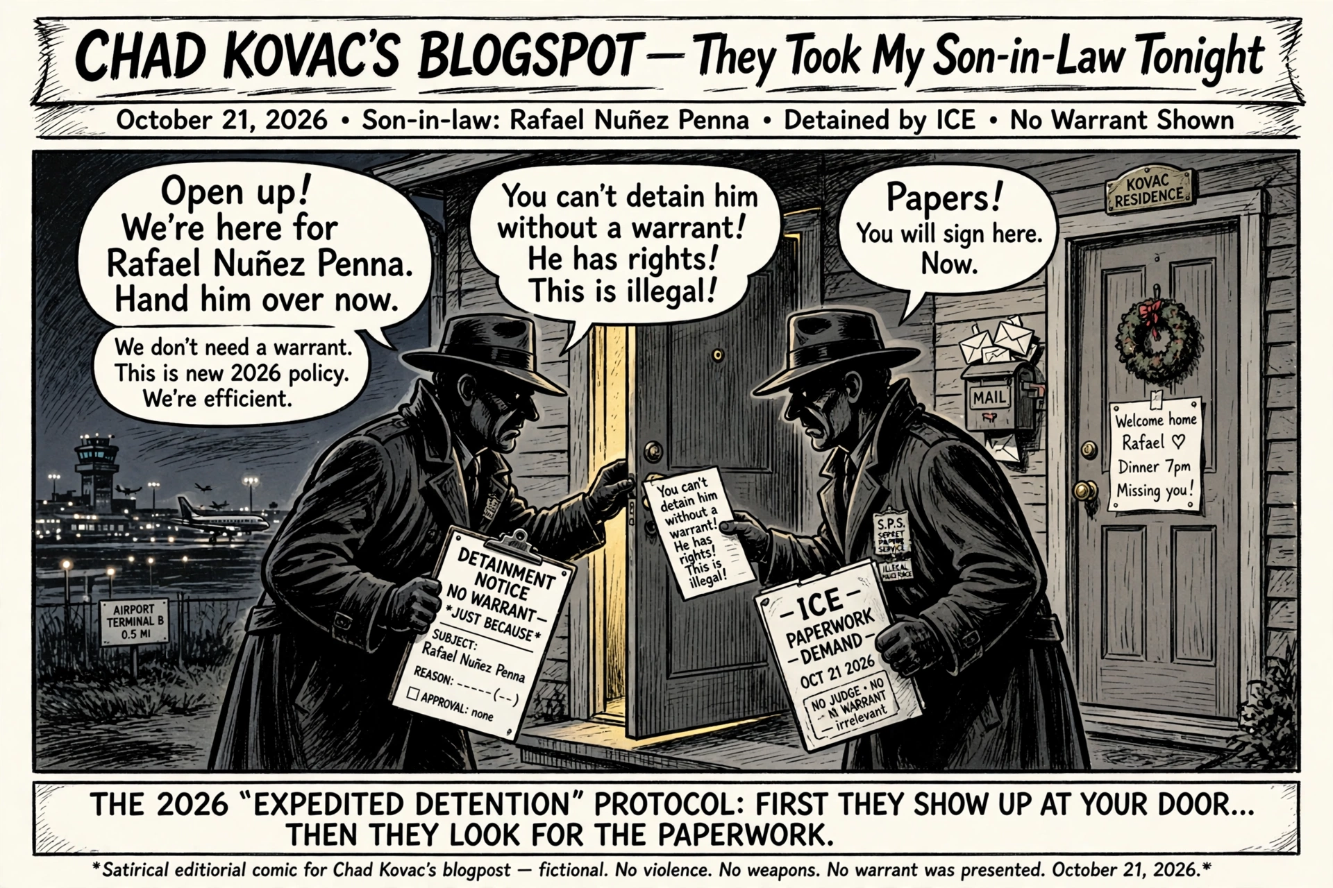 Satirical comic: a knock at the door at night, and a family learns that ICE has taken Rafael Nunez Penna.